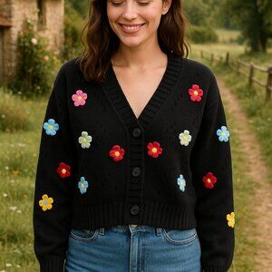 Black Knit Cardigan Sweater Medium Button Front 3D Embroidered Flower Retro Boho